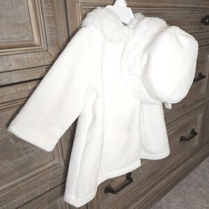 Starting Out Ivory White Faux Fur Peacoat with Matching Hat Sz 9 Month